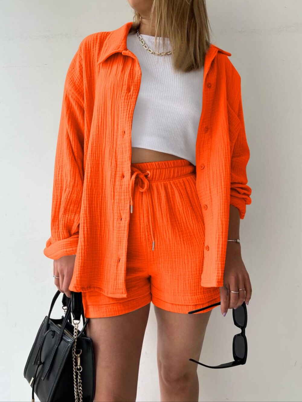 Joanna Button Up Shirt & Shorts Set - Orange - Picture 2 of 6